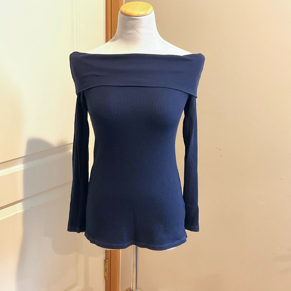 Splendid navy blue waffle off the shoulder Henley top